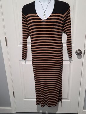 Lane Bryant Black and Tan Striped V-Neck Midi Dress